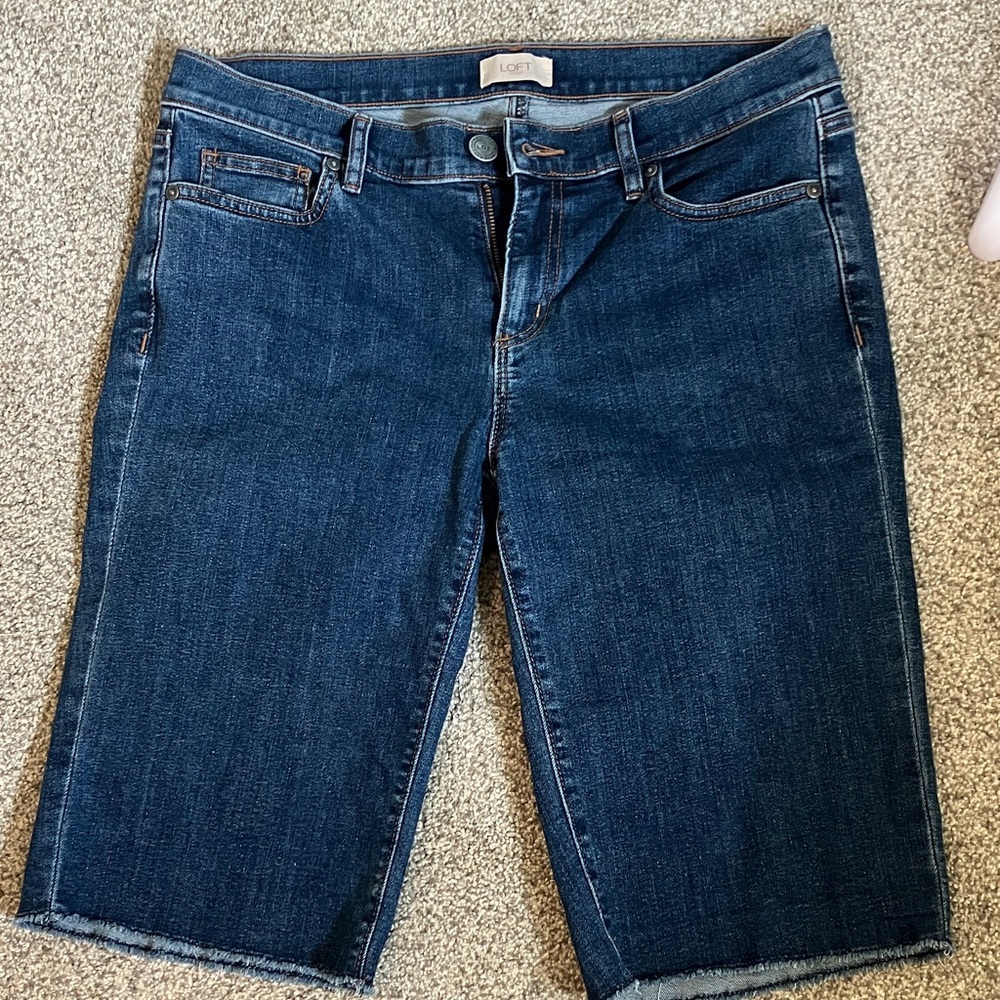 LOFT Dark Blue Cropped Denim Bermuda Shorts